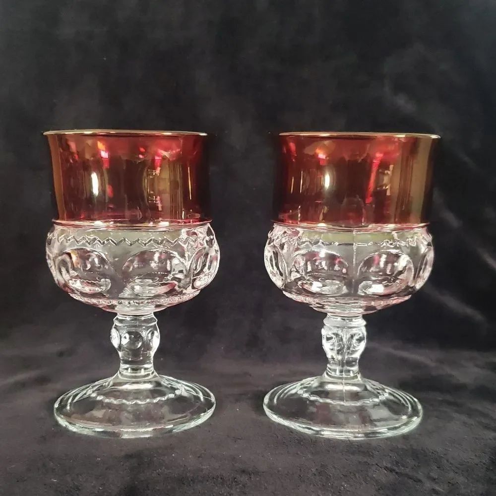 Vintage Set of 2 Small Kings Crown Ruby Red Wine Goblets